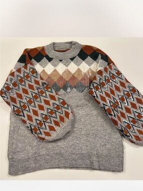 Gray Argyle Pattern Crewneck Sweater with Rust Accents